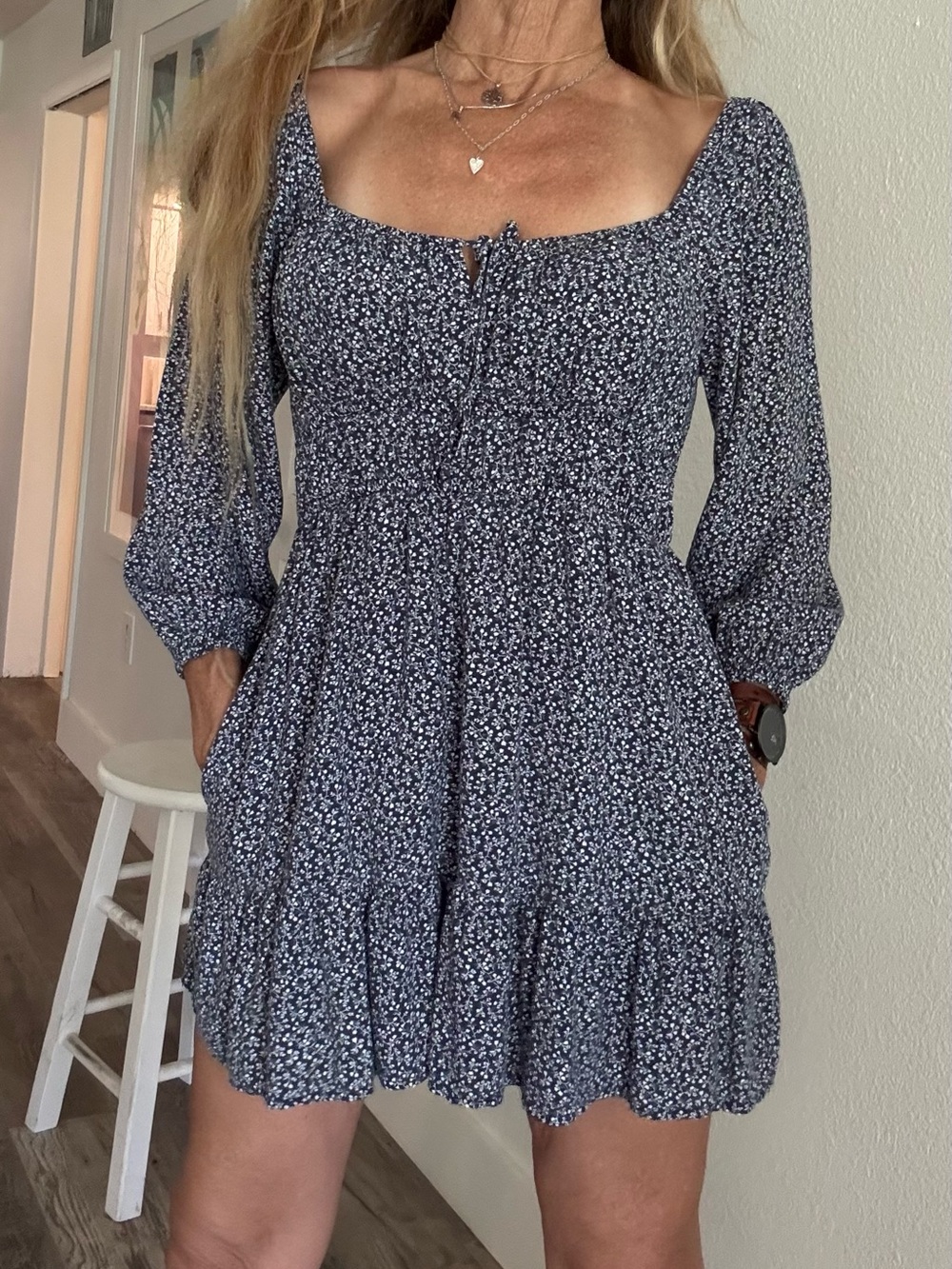 Hollister Navy and White Floral Mini Skort with Elastic Waist